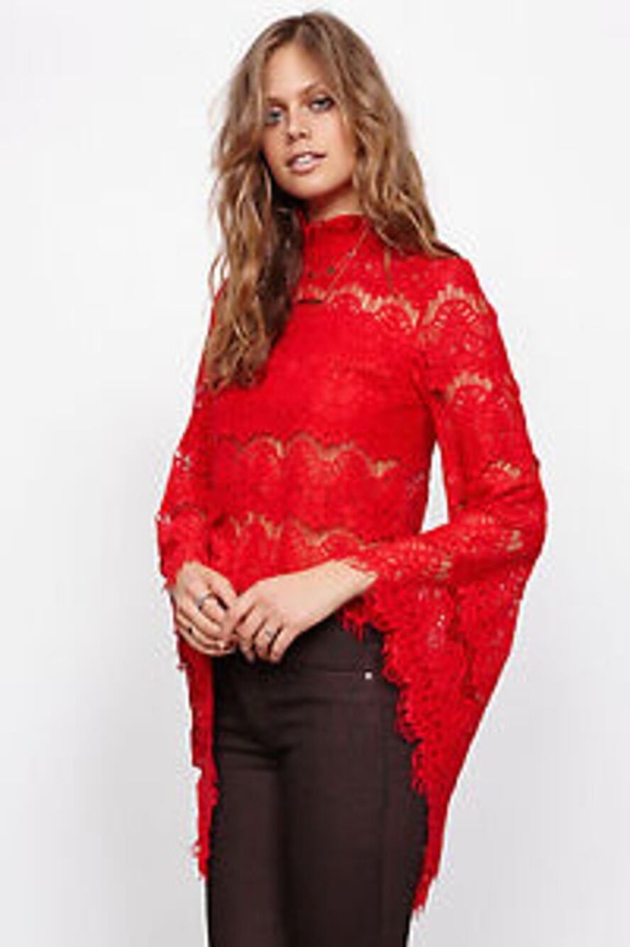 MinkPink Drama Queen Lace Top Red Flare Bell Sleeves Size Large